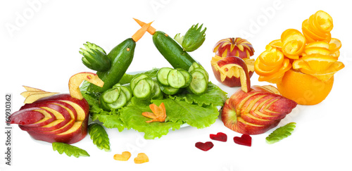 Photo: Carving vegetable and fruit patterns isolated on white Carving vegetable and fruit patterns isolated on white