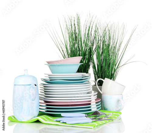 Photo: Clean dishes isolated on white Clean dishes isolated on white