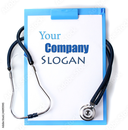 Photo: Stethoscope and blue clipboard isolated on white Stethoscope and blue clipboard isolated on white