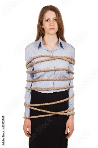 Photo: Sad woman tied a strong rope Sad woman tied a strong rope
