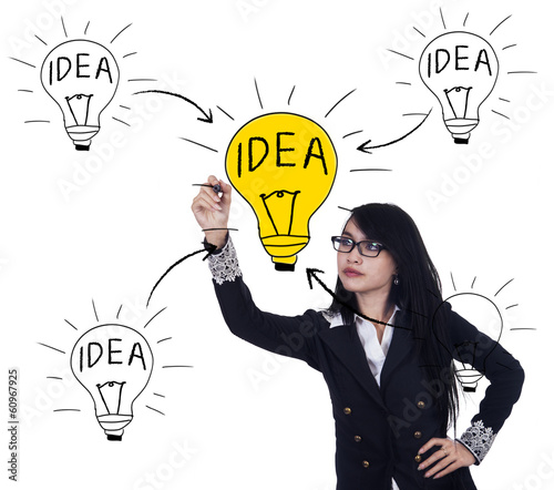 Photo: Business woman is drawing light bulb Business woman is drawing light bulb