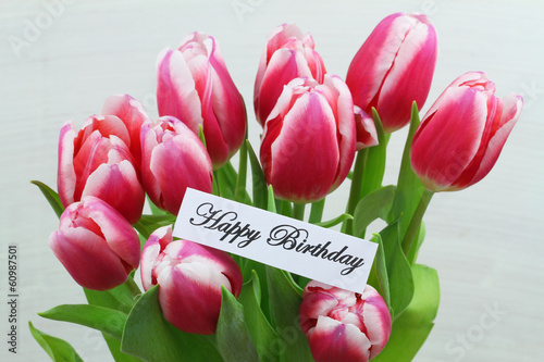 Photo: Happy birthday card with pink tulips Happy birthday card with pink tulips