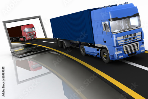 Illustration: Trucks on freeway coming out of a laptop Trucks on freeway coming out of a laptop