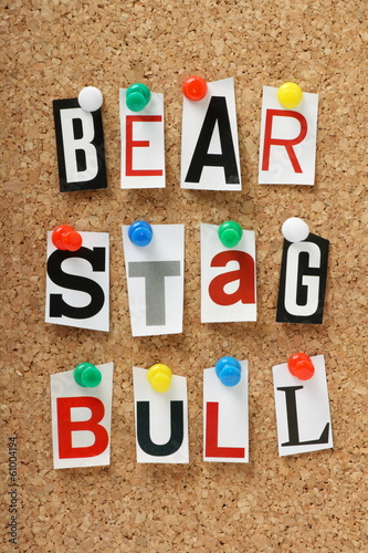 Photo: Bull, Bear or Stag Stock Market Terms on a cork notice board Bull, Bear or Stag Stock Market Terms on a cork notice board