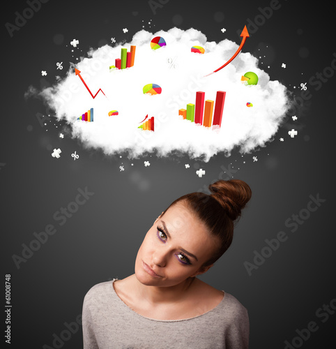 Photo: Young woman gesturing with cloud and charts concept Young woman gesturing with cloud and charts concept