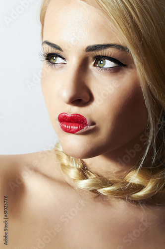 Photo: Unusual Beautiful Blond Woman.Red Lips.Freak Girl with Tress Unusual Beautiful Blond Woman.Red Lips.Freak Girl with Tress