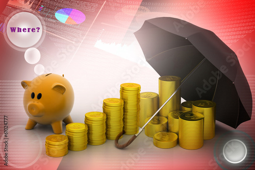 Illustration: piggy bank with gold coins and umbrella piggy bank with gold coins and umbrella
