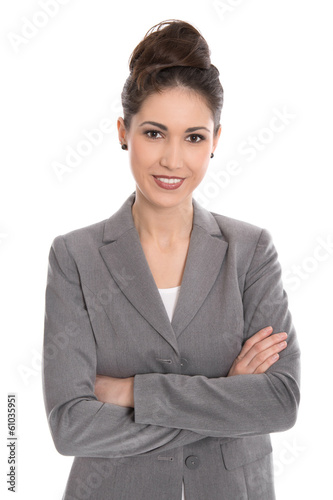 Photo: Attraktive lächelnde Business Frau freigestellt auf Weiß Attraktive lächelnde Business Frau freigestellt auf Weiß