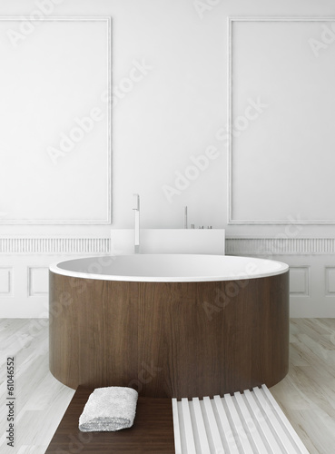 Illustration: Wooden round bathtub against white wall Wooden round bathtub against white wall