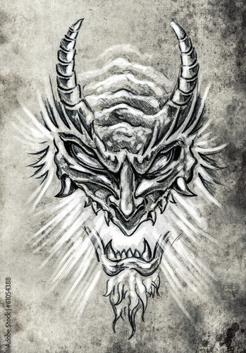 Illustration: Tattoo art, sketch of a japanese monster mask Tattoo art, sketch of a japanese monster mask