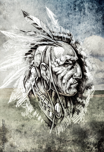 Fototapeta Sketch of tattoo art, indian head over cropfield background