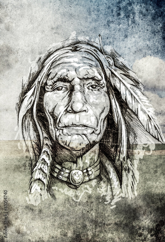 Fototapeta Sketch of tattoo art, indian head over field background