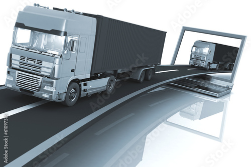 Illustration: Trucks on freeway coming out of a laptop Trucks on freeway coming out of a laptop