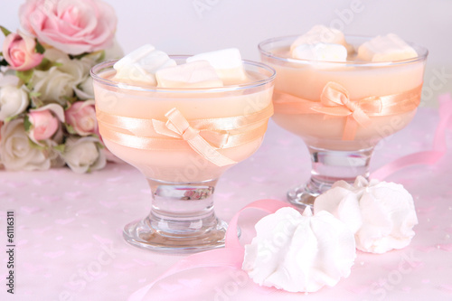 Photo: Tasty yogurt with marshmallows, close up Tasty yogurt with marshmallows, close up