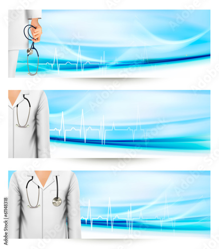 Vector: Medical banners with a doctor's lab white coat and stethoscope. Medical banners with a doctor's lab white coat and stethoscope.