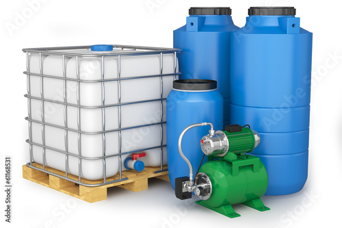 Illustration: Group of plastic water tanks and pumping station Group of plastic water tanks and pumping station