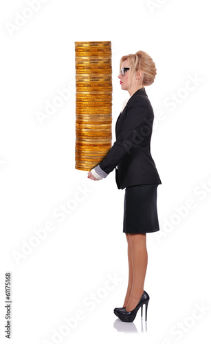 Photo: woman holding stack coins woman holding stack coins