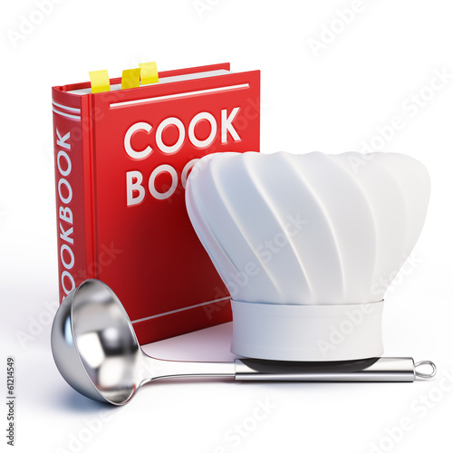 Illustration: Cookbook, Chef Hat and soup ladle on white background Cookbook, Chef Hat and soup ladle on white background