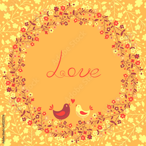 Illustration: Beautiful greeting card with flowers and birds Beautiful greeting card with flowers and birds