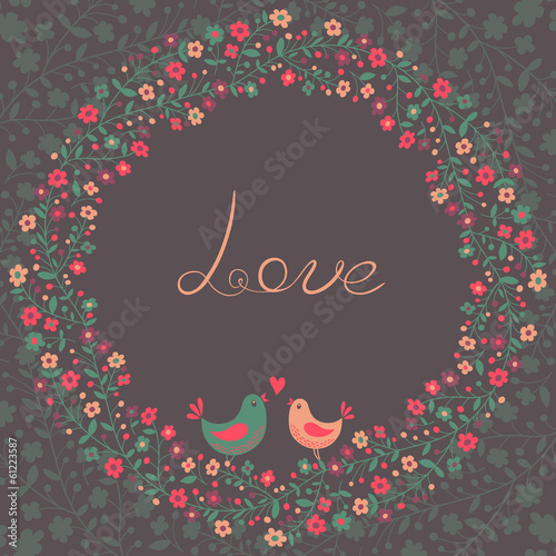 Illustration: Beautiful greeting card with flowers and birds Beautiful greeting card with flowers and birds