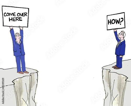 Illustration: Two men try to reach across the divide Two men try to reach across the divide