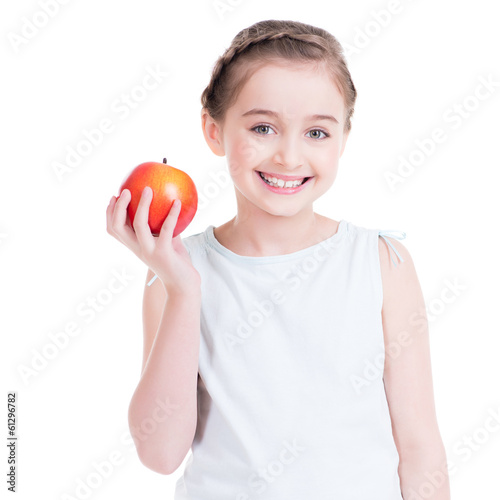 Photo: Portrait of cute little girl holding an apple. Portrait of cute little girl holding an apple.
