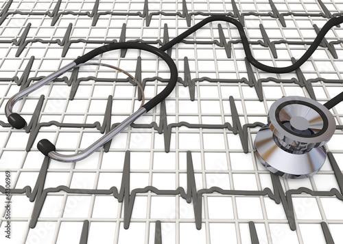 Illustration: Stethoscope and Cardiogram - 3d Stethoscope and Cardiogram - 3d