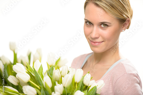 Photo: Romantic woman with white tulip bouquet Romantic woman with white tulip bouquet