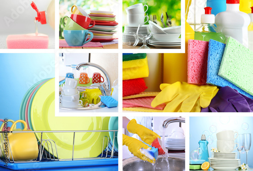 Photo: Collage of washing dishes close-up Collage of washing dishes close-up