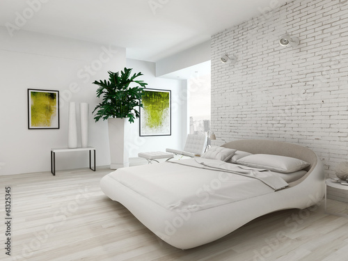 Illustration: Modern white bedroom with bed against brick wall Modern white bedroom with bed against brick wall