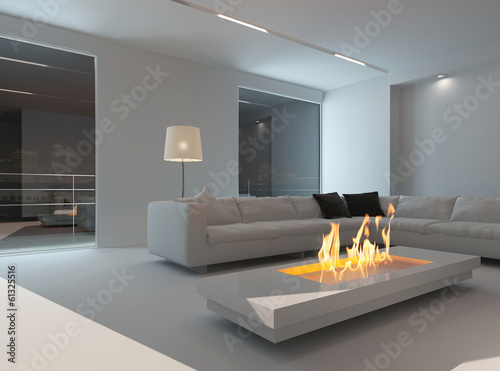 Illustration: White living room interior with fireplace at night White living room interior with fireplace at night