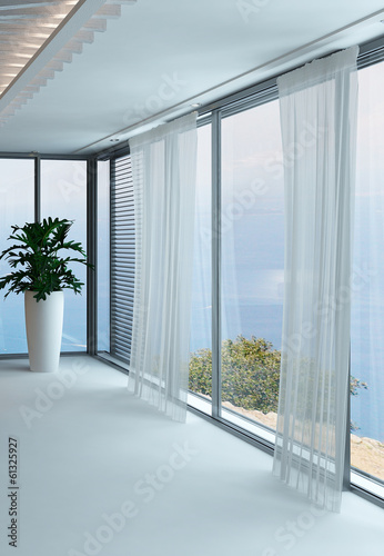 Illustration: A 3D Rendering of empty white living room with curtains A 3D Rendering of empty white living room with curtains