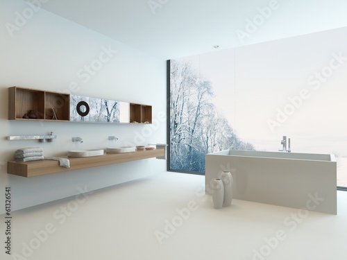 Illustration: Modern bathroom interior with window and snowy landscape view Modern bathroom interior with window and snowy landscape view