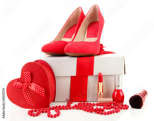 Photo: Beautiful red female shoes, gift box and cosmetics, isolated Beautiful red female shoes, gift box and cosmetics, isolated
