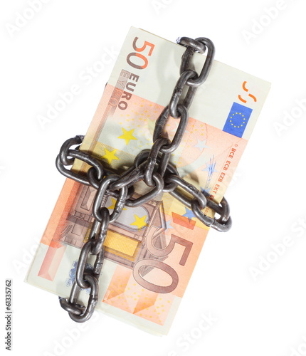 Photo: Euro currency with chain for security and investment Euro currency with chain for security and investment