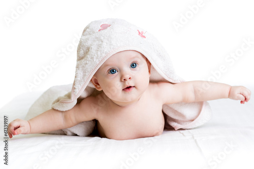 Photo: happy baby girl in towel happy baby girl in towel