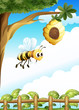 A tree near the fence with a beehive and a bee A tree near the fence with a beehive and a bee