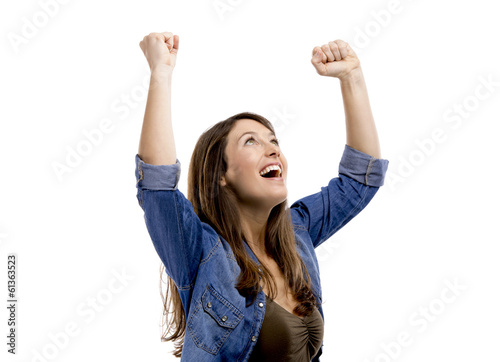Photo: Beautiful woman holding and showing something over Beautiful woman holding and showing something over