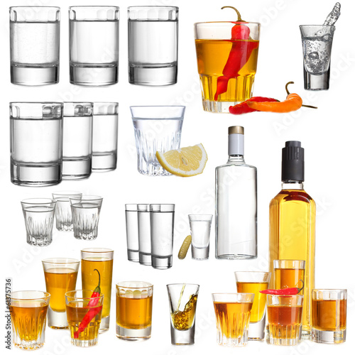 Photo: Collage of alcohol drinks. Vodka isolated on white Collage of alcohol drinks. Vodka isolated on white