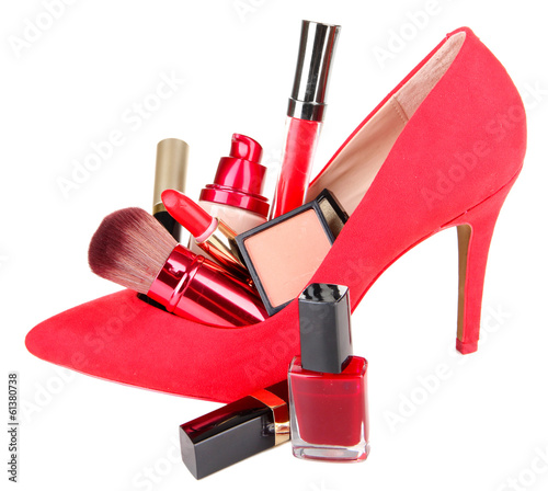 Photo: Beautiful red female shoe with cosmetics, isolated on white Beautiful red female shoe with cosmetics, isolated on white