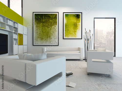 Photo: White living room interior with vibrant green decoration White living room interior with vibrant green decoration