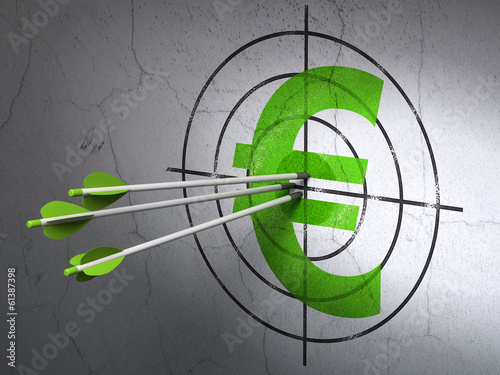 Illustration: Currency concept: arrows in Euro target on wall background Currency concept: arrows in Euro target on wall background