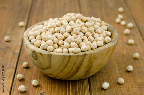 Photo: Heap of raw chickpeas in a wooden bowl Heap of raw chickpeas in a wooden bowl
