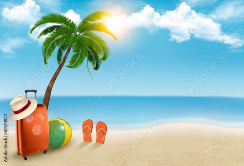 Vector: Vacation background. Beach with palm tree, suitcase and flip flo Vacation background. Beach with palm tree, suitcase and flip flo