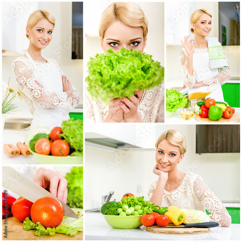 Photo: Collage of young women cooking healthy food at home Collage of young women cooking healthy food at home