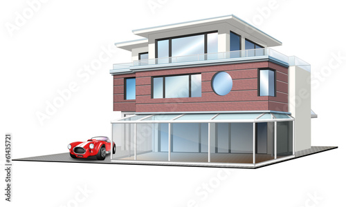 Illustration: Einfamilienhaus mit Wintergarten, Garage, isoliert Einfamilienhaus mit Wintergarten, Garage, isoliert
