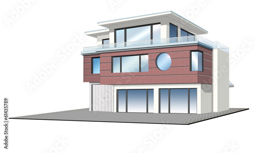 Illustration: Einfamilienhaus mit Wintergarten, Garage, isoliert Einfamilienhaus mit Wintergarten, Garage, isoliert