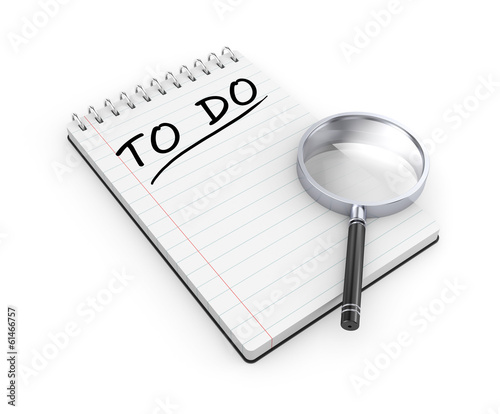 Illustration: To do list. Notepad with magnify glass To do list. Notepad with magnify glass