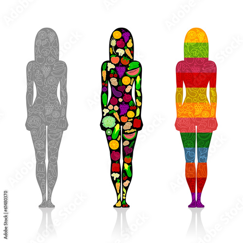 Vector: Silhouettes of girls with fruits and vegetables Silhouettes of girls with fruits and vegetables