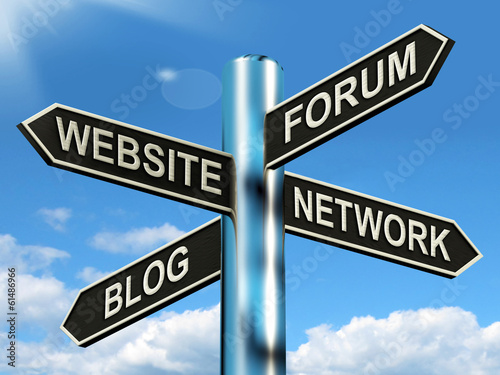 Illustration: Website Forum Blog Network Signpost Shows Internet Website Forum Blog Network Signpost Shows Internet